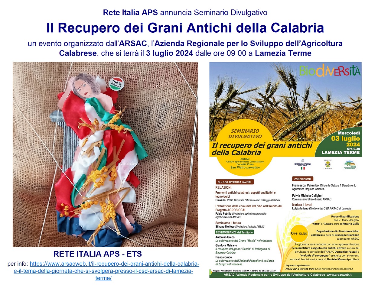Rete Italia APS annuncia Seminario Divulgativo Il Recupero dei Grani Antichi della Calabria